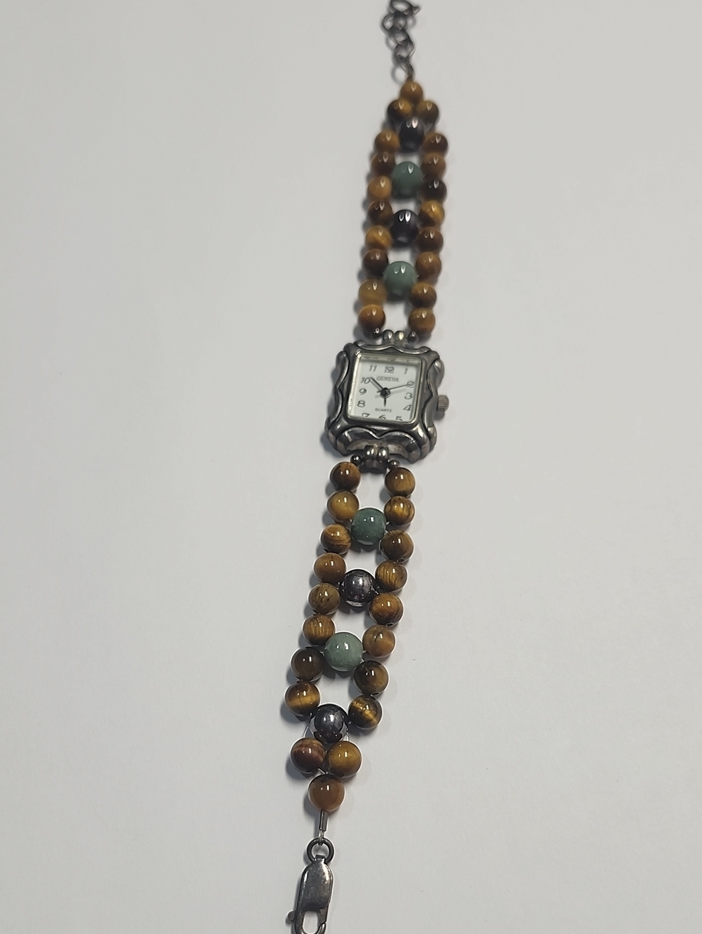 Geneva Beaded Tiger Eye And Jade Bracelet Watch W/ Sterling Silver Accents